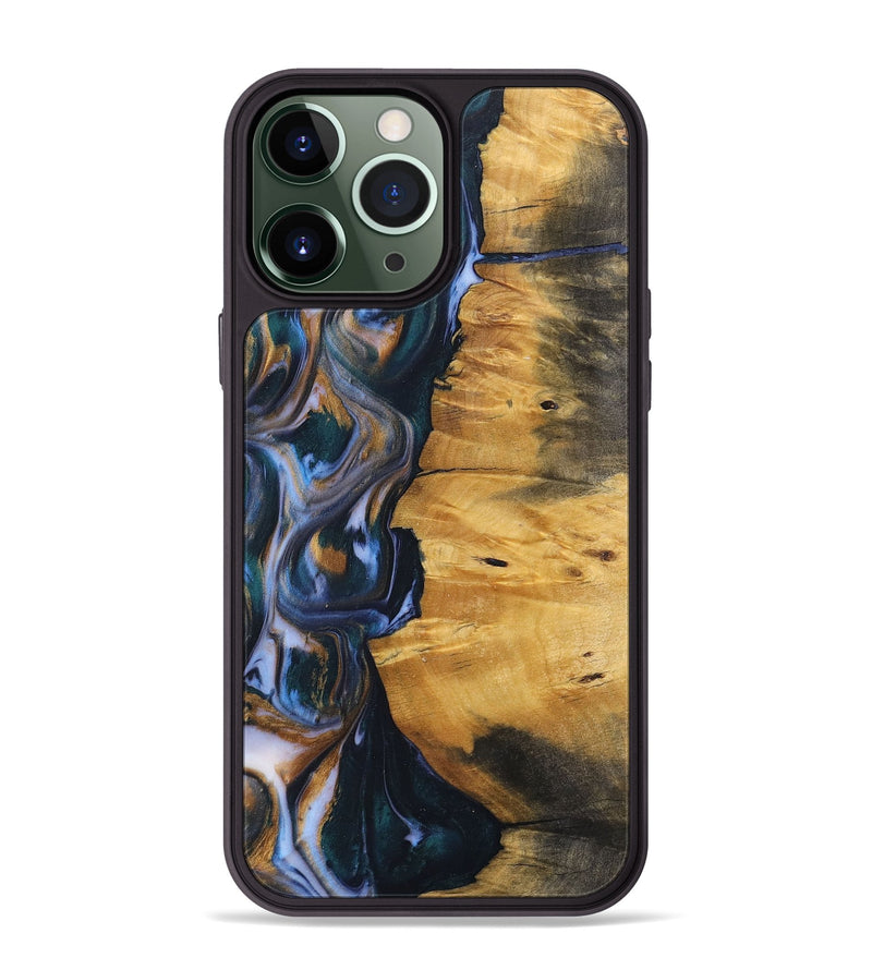 iPhone 13 Pro Max Wood+Resin Phone Case - Ace (Teal & Gold, 700185)