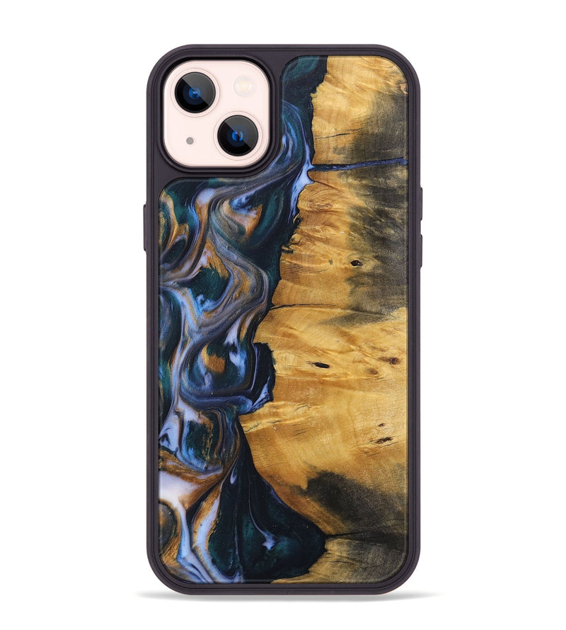 iPhone 14 Plus Wood+Resin Phone Case - Ace (Teal & Gold, 700185)