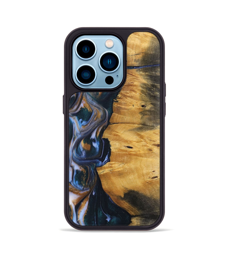 iPhone 14 Pro Wood+Resin Phone Case - Ace (Teal & Gold, 700185)