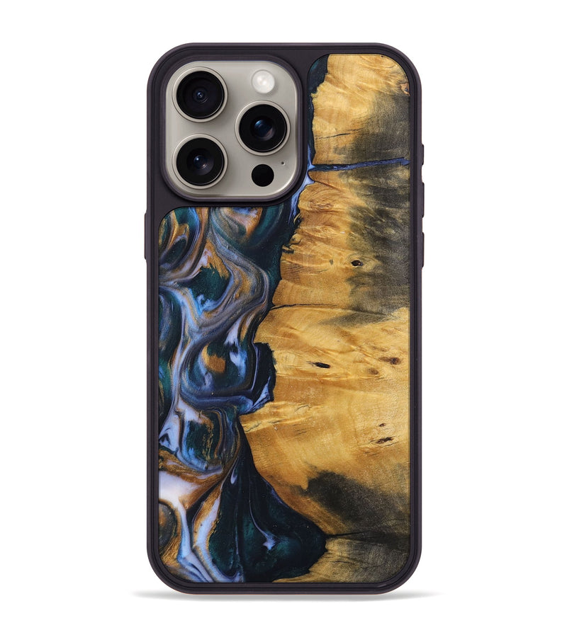 iPhone 15 Pro Max Wood+Resin Phone Case - Ace (Teal & Gold, 700185)