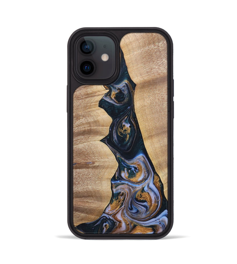 iPhone 12 Wood+Resin Phone Case - Sheila (Teal & Gold, 700187)