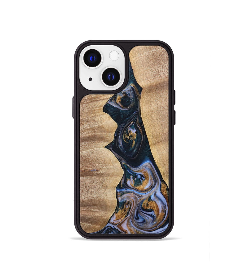 iPhone 13 mini Wood+Resin Phone Case - Sheila (Teal & Gold, 700187)