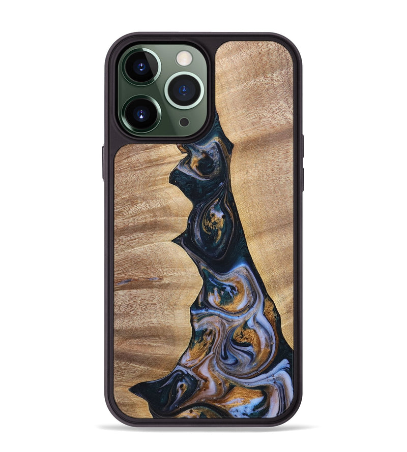 iPhone 13 Pro Max Wood+Resin Phone Case - Sheila (Teal & Gold, 700187)