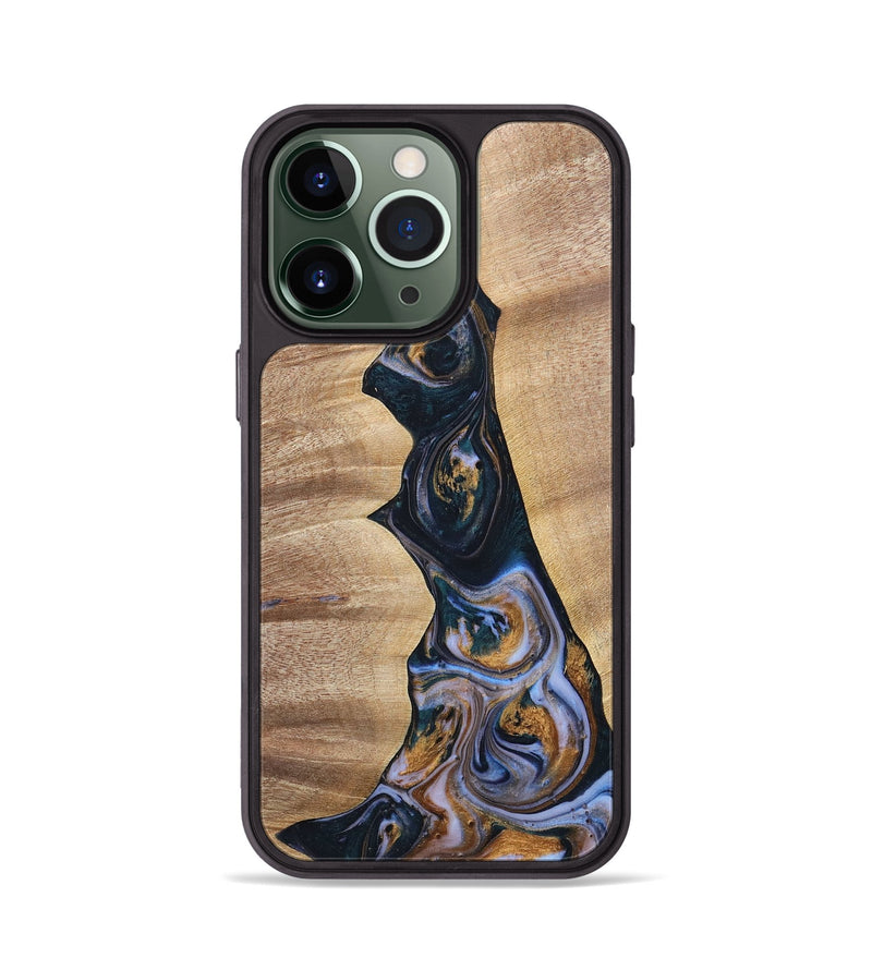 iPhone 13 Pro Wood+Resin Phone Case - Sheila (Teal & Gold, 700187)