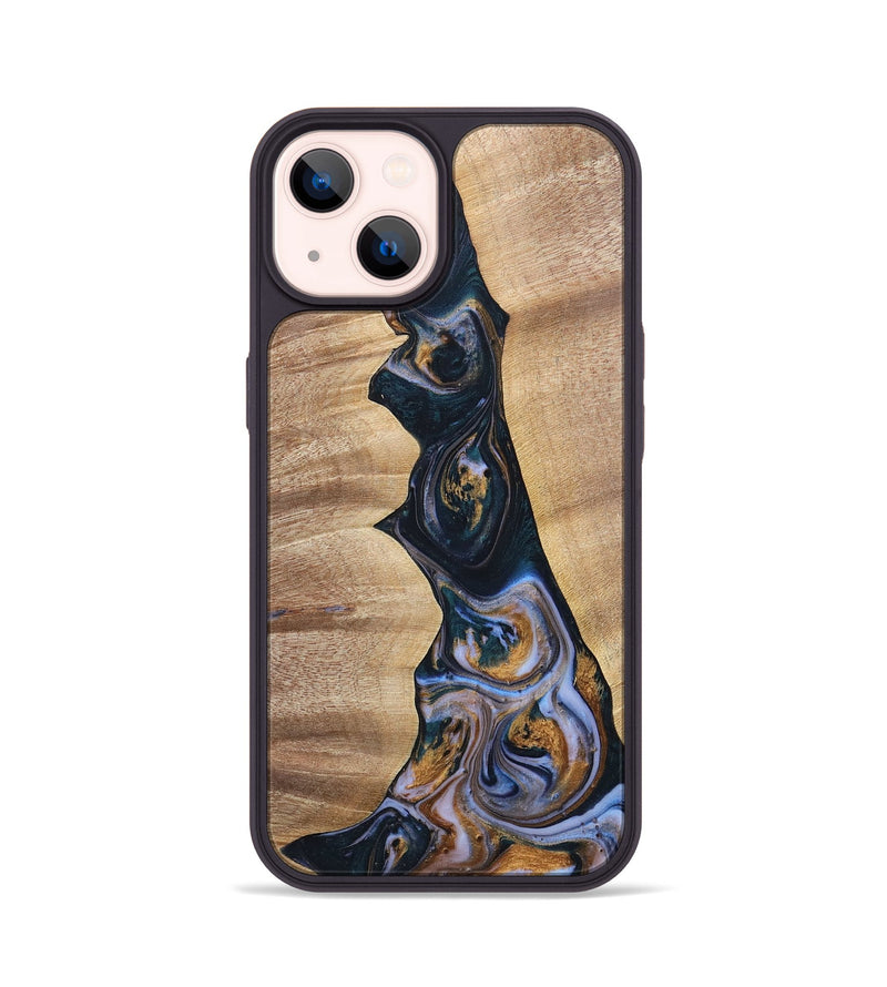 iPhone 14 Wood+Resin Phone Case - Sheila (Teal & Gold, 700187)