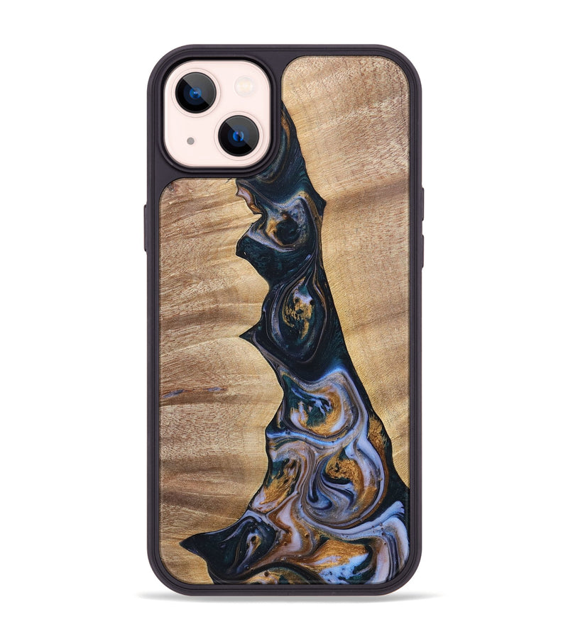 iPhone 14 Plus Wood+Resin Phone Case - Sheila (Teal & Gold, 700187)