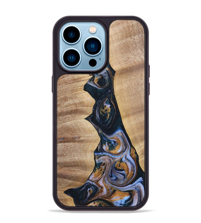iPhone 14 Pro Max Wood+Resin Phone Case - Sheila (Teal & Gold, 700187)