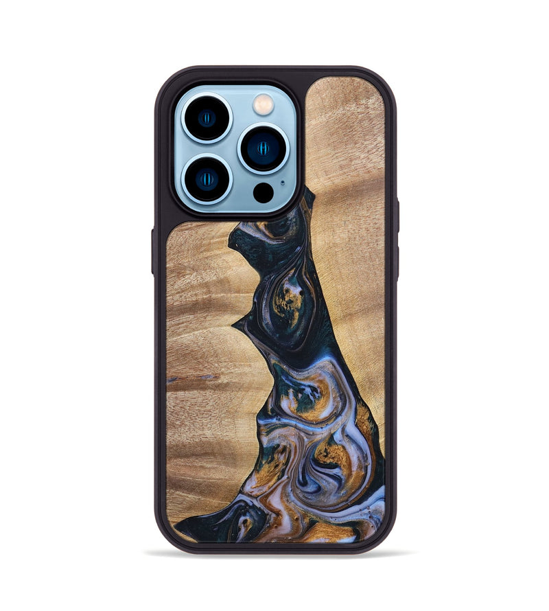 iPhone 14 Pro Wood+Resin Phone Case - Sheila (Teal & Gold, 700187)