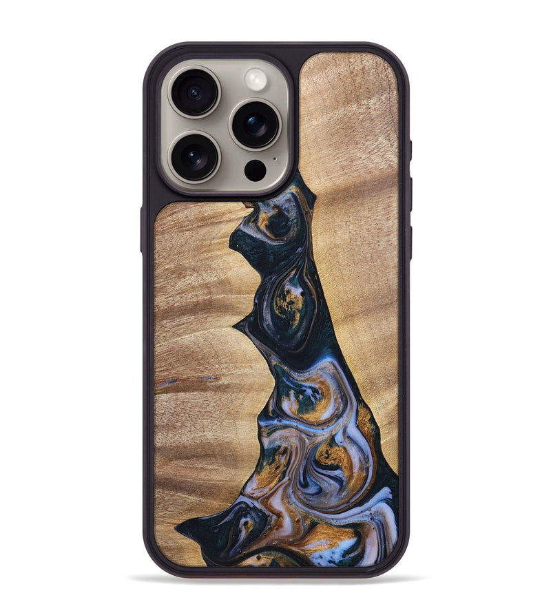 iPhone 15 Pro Max Wood+Resin Phone Case - Sheila (Teal & Gold, 700187)