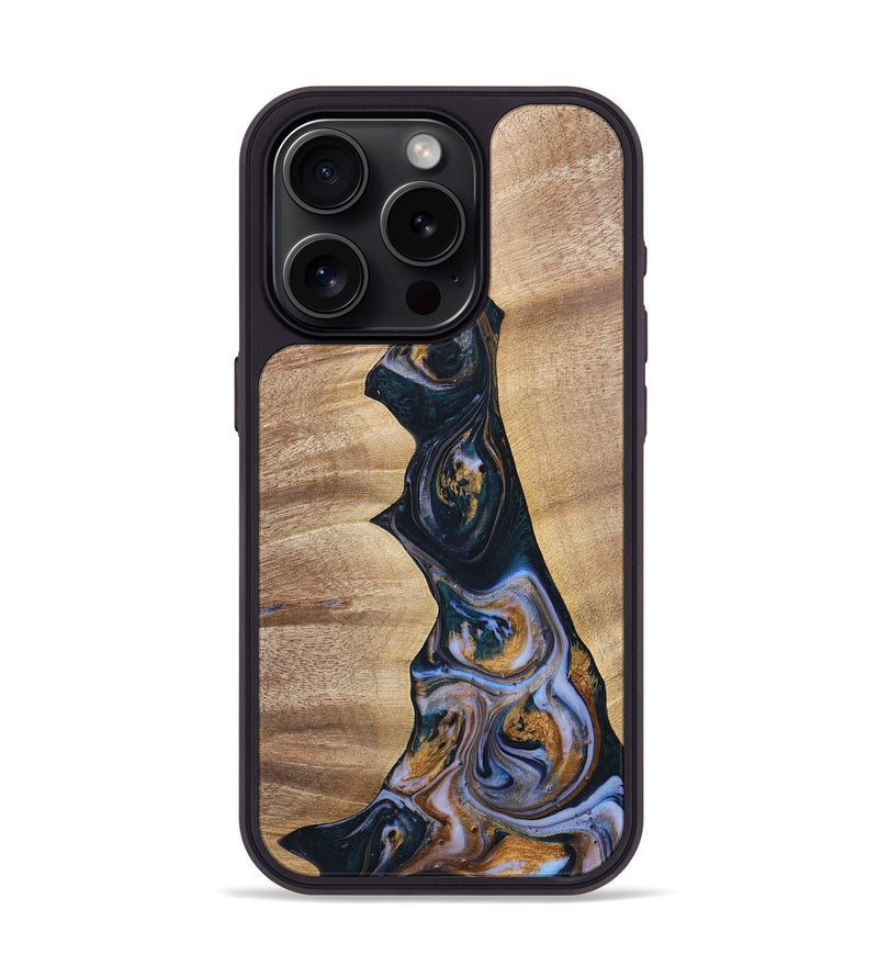 iPhone 15 Pro Wood+Resin Phone Case - Sheila (Teal & Gold, 700187)