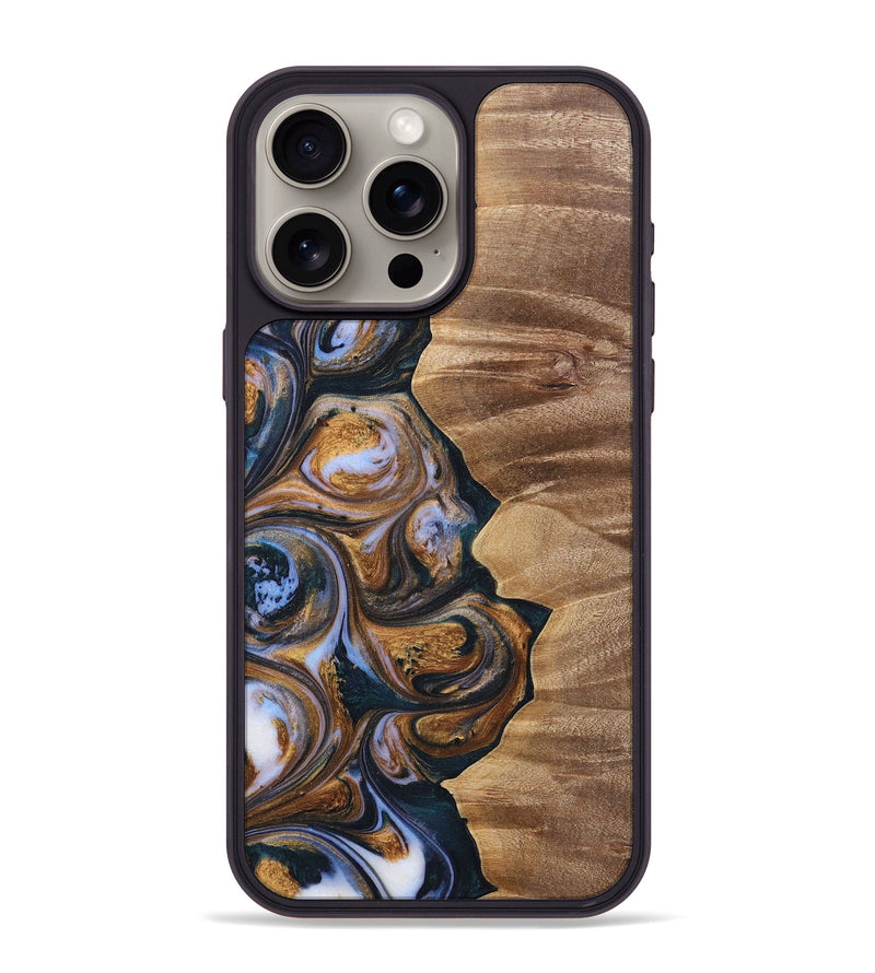 iPhone 15 Pro Max Wood+Resin Phone Case - Willie (Teal & Gold, 700189)