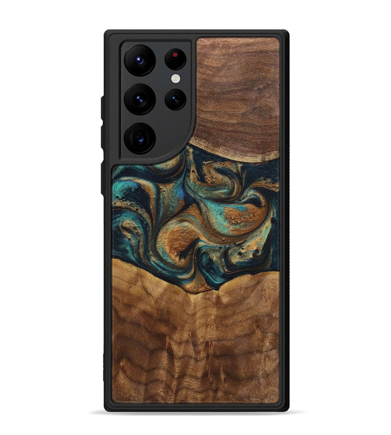 Galaxy S22 Ultra Wood+Resin Phone Case - Sandra (Teal & Gold, 700190)