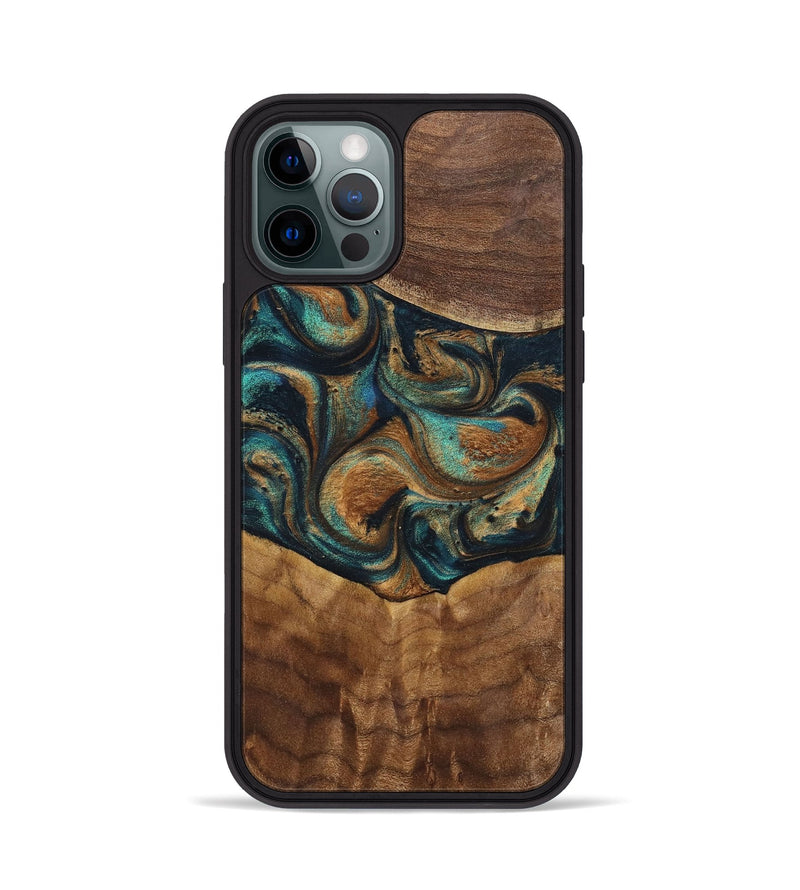 iPhone 12 Pro Wood+Resin Phone Case - Sandra (Teal & Gold, 700190)