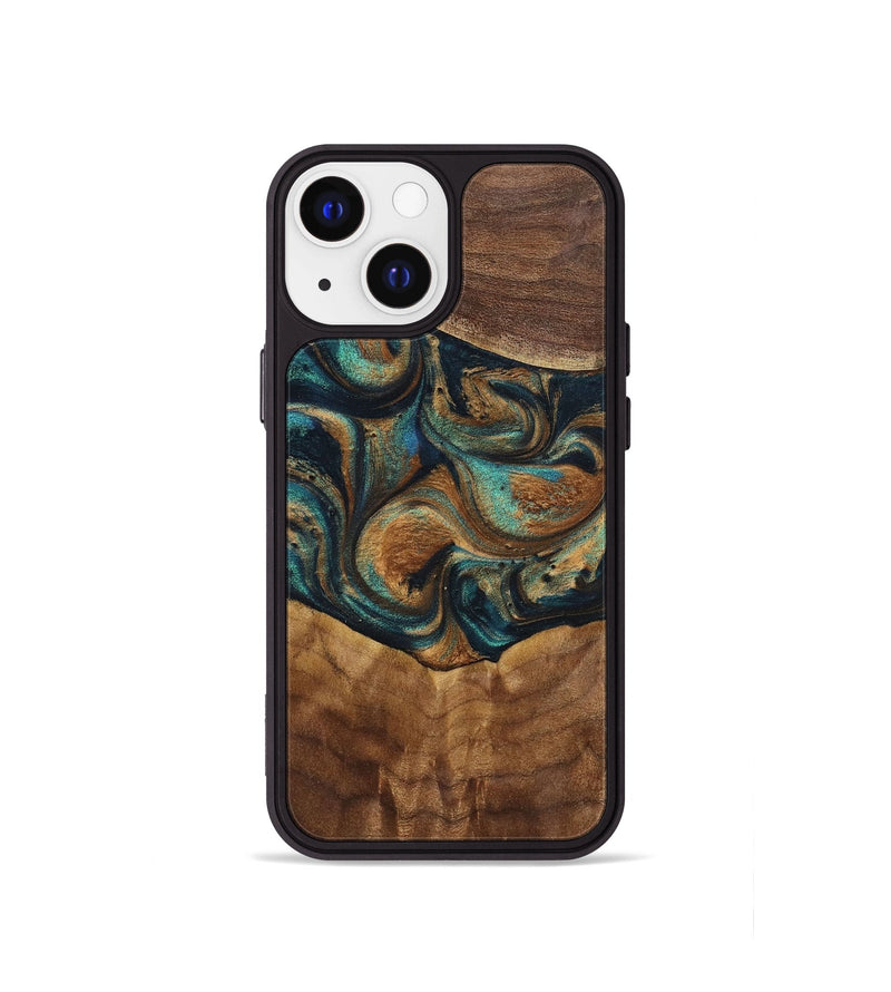 iPhone 13 mini Wood+Resin Phone Case - Sandra (Teal & Gold, 700190)