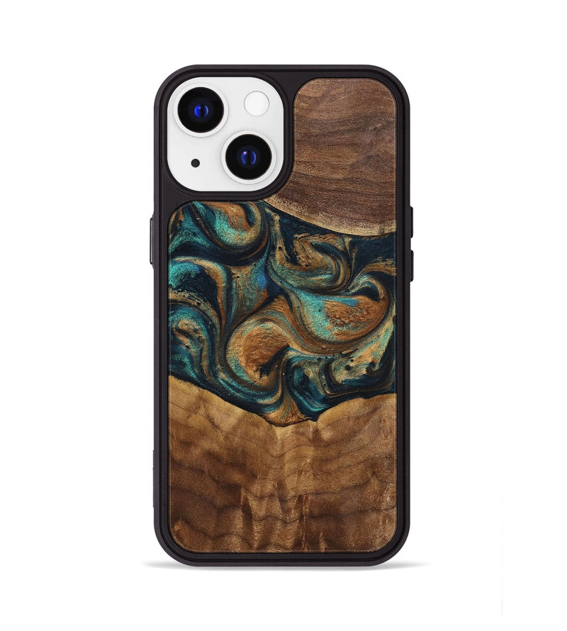 iPhone 13 Wood+Resin Phone Case - Sandra (Teal & Gold, 700190)