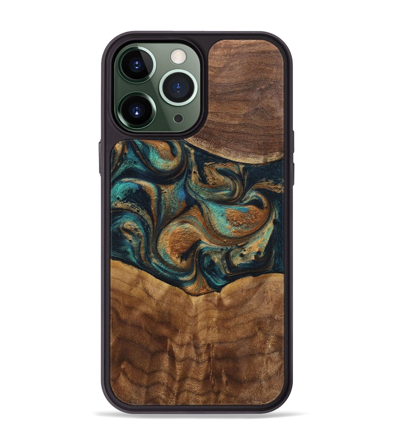 iPhone 13 Pro Max Wood+Resin Phone Case - Sandra (Teal & Gold, 700190)