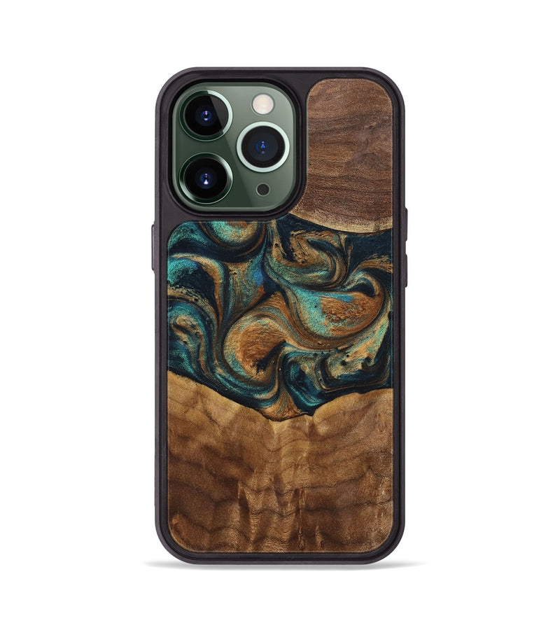 iPhone 13 Pro Wood+Resin Phone Case - Sandra (Teal & Gold, 700190)