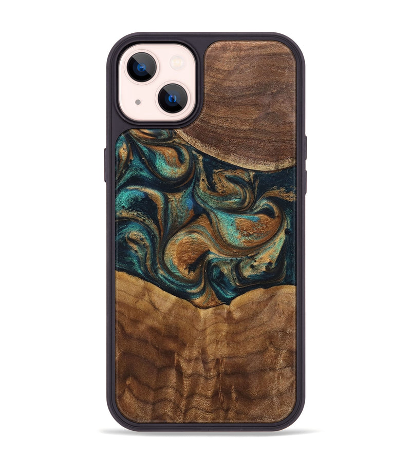 iPhone 14 Plus Wood+Resin Phone Case - Sandra (Teal & Gold, 700190)