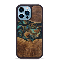 iPhone 14 Pro Max Wood+Resin Phone Case - Sandra (Teal & Gold, 700190)