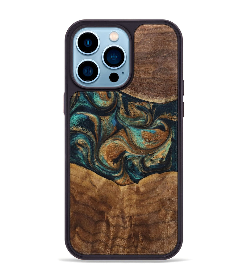 iPhone 14 Pro Max Wood+Resin Phone Case - Sandra (Teal & Gold, 700190)