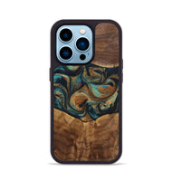 iPhone 14 Pro Wood+Resin Phone Case - Sandra (Teal & Gold, 700190)