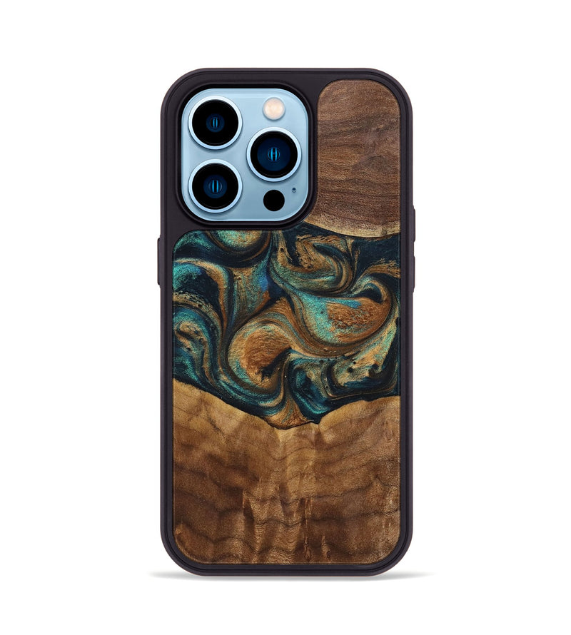 iPhone 14 Pro Wood+Resin Phone Case - Sandra (Teal & Gold, 700190)