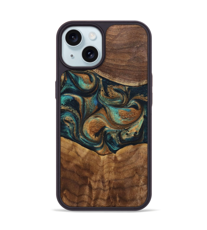 iPhone 15 Wood+Resin Phone Case - Sandra (Teal & Gold, 700190)