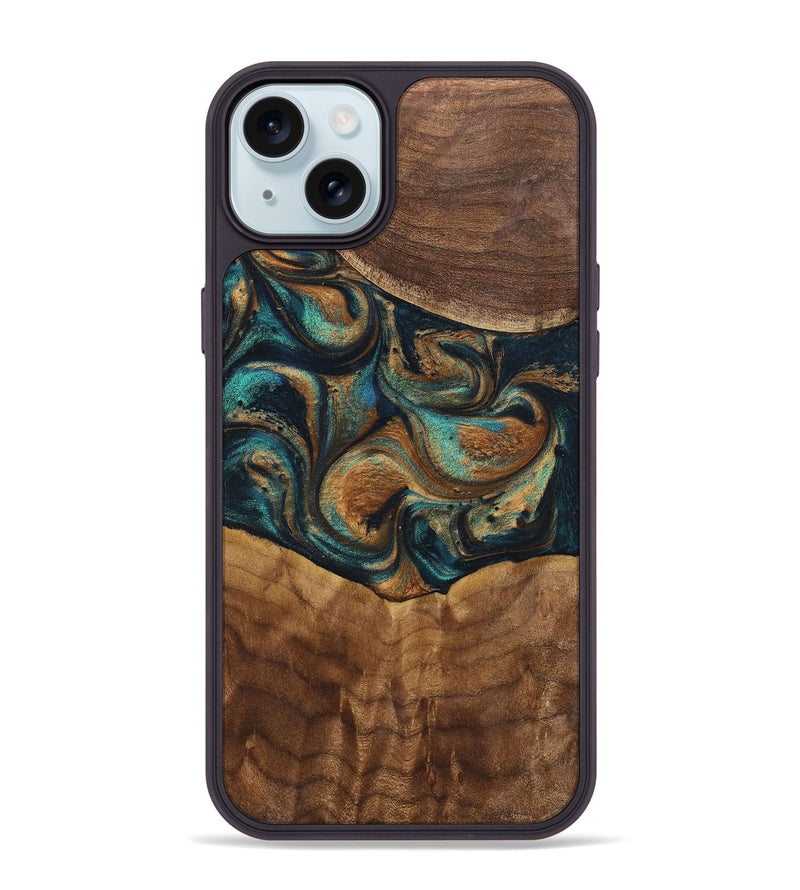 iPhone 15 Plus Wood+Resin Phone Case - Sandra (Teal & Gold, 700190)