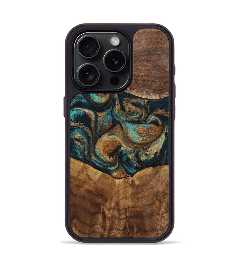 iPhone 15 Pro Wood+Resin Phone Case - Sandra (Teal & Gold, 700190)