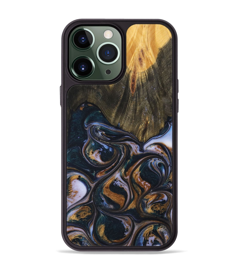 iPhone 13 Pro Max Wood+Resin Phone Case - Adrienne (Teal & Gold, 700195)