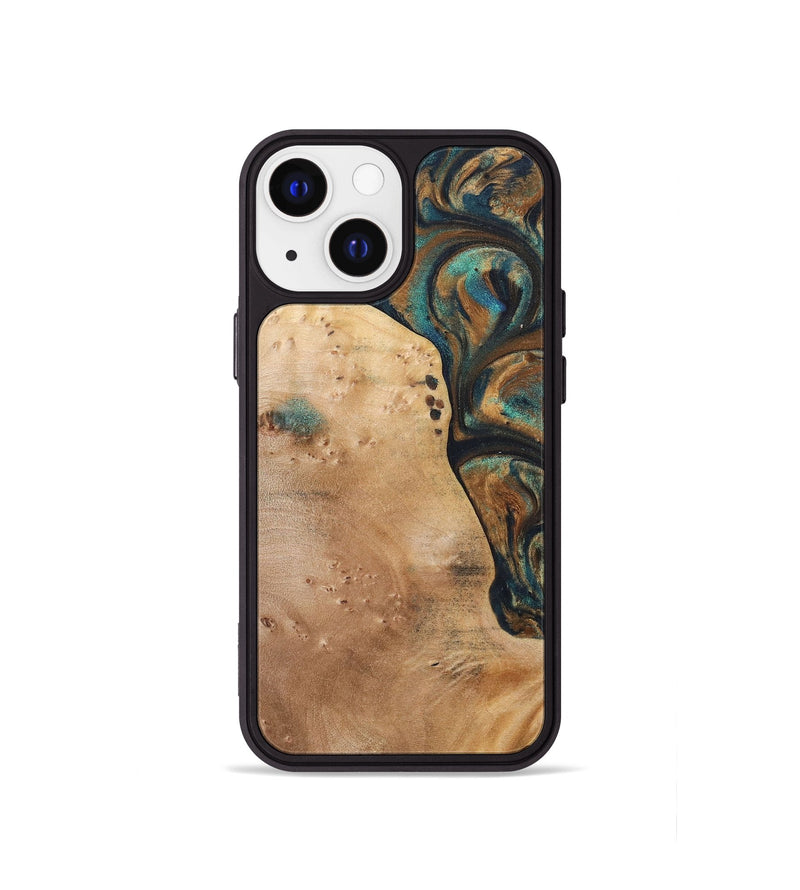 iPhone 13 mini Wood+Resin Phone Case - Theodore (Teal & Gold, 700196)