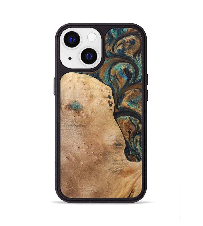 iPhone 13 Wood+Resin Phone Case - Theodore (Teal & Gold, 700196)