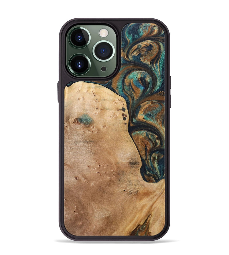 iPhone 13 Pro Max Wood+Resin Phone Case - Theodore (Teal & Gold, 700196)