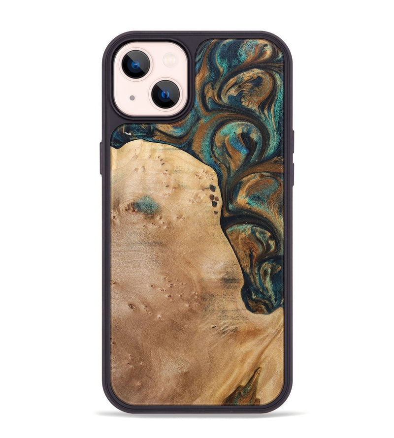 iPhone 14 Plus Wood+Resin Phone Case - Theodore (Teal & Gold, 700196)