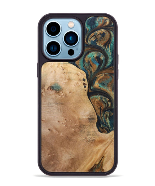iPhone 14 Pro Max Wood+Resin Phone Case - Theodore (Teal & Gold, 700196)