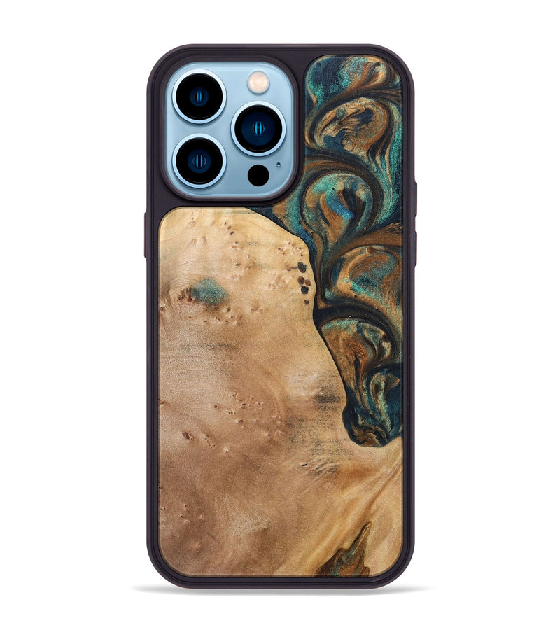iPhone 14 Pro Max Wood+Resin Phone Case - Theodore (Teal & Gold, 700196)