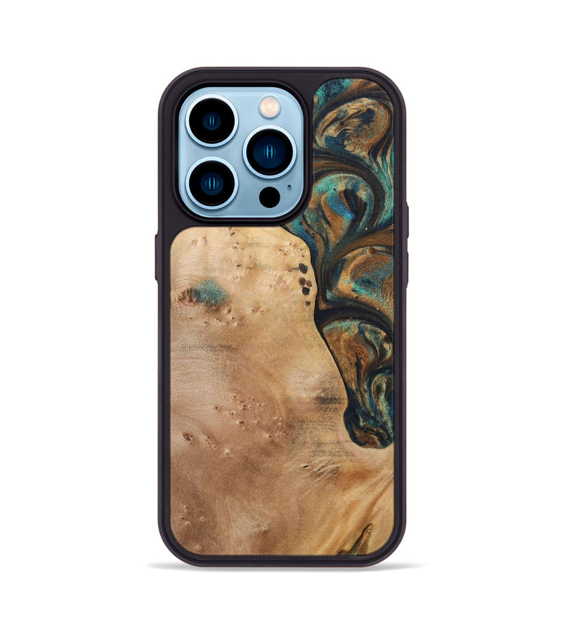 iPhone 14 Pro Wood+Resin Phone Case - Theodore (Teal & Gold, 700196)