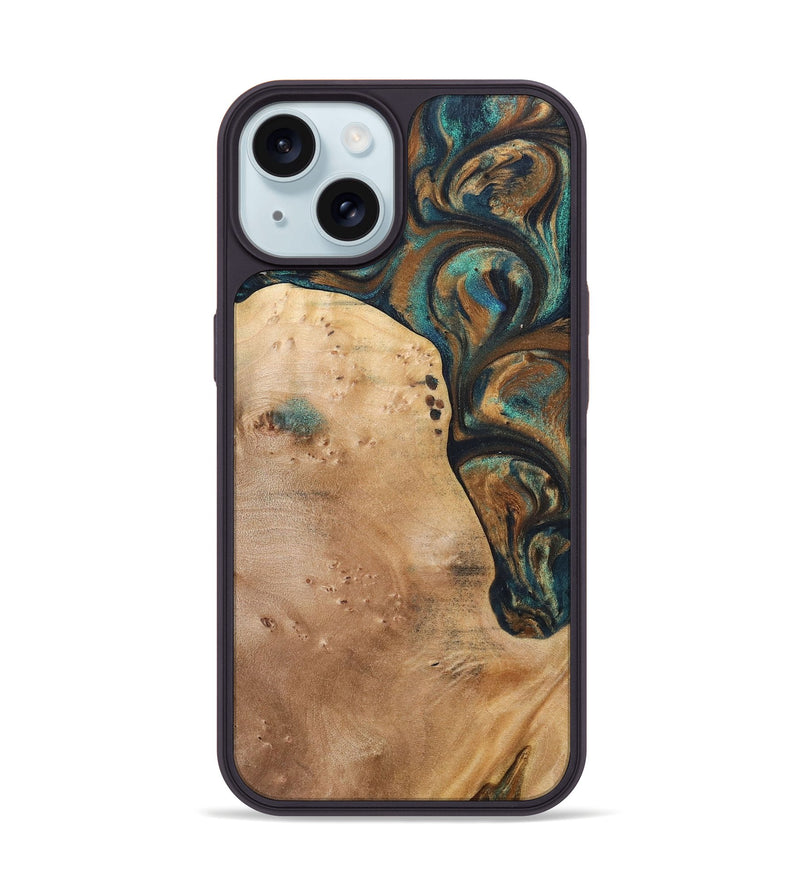 iPhone 15 Wood+Resin Phone Case - Theodore (Teal & Gold, 700196)