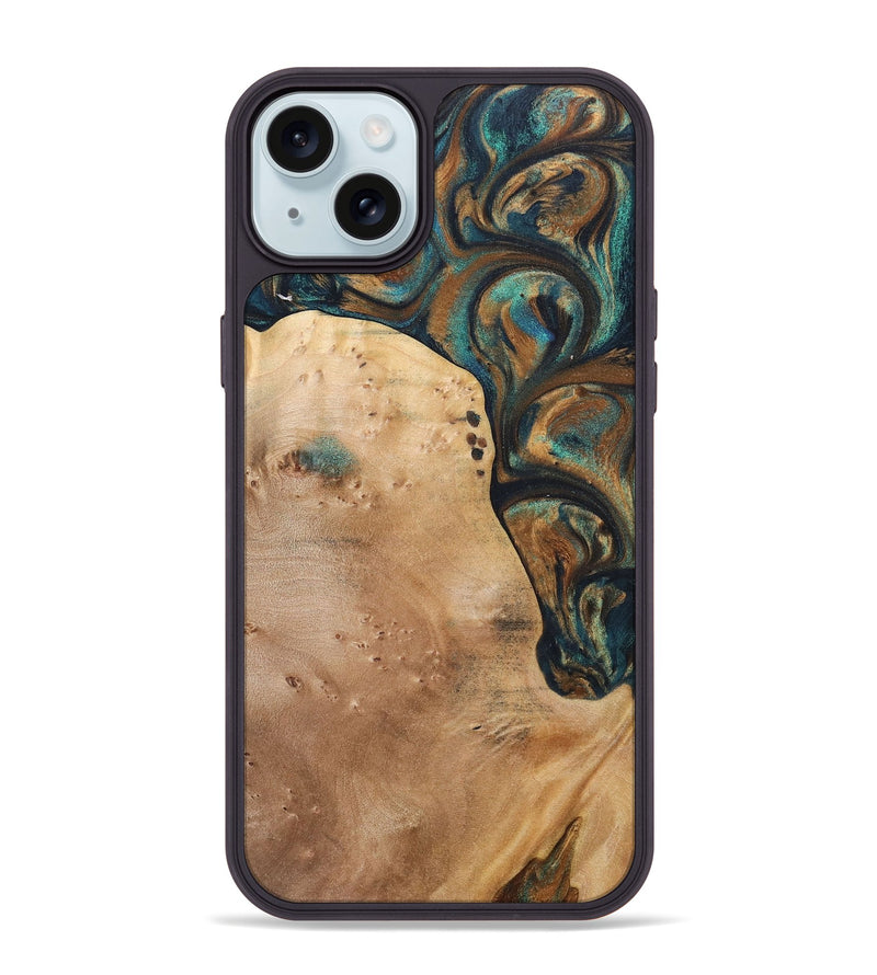 iPhone 15 Plus Wood+Resin Phone Case - Theodore (Teal & Gold, 700196)