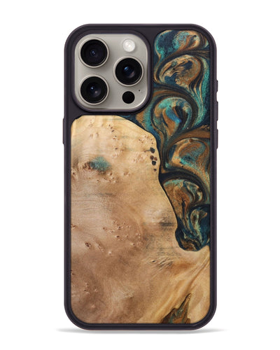 iPhone 15 Pro Max Wood+Resin Phone Case - Theodore (Teal & Gold, 700196)