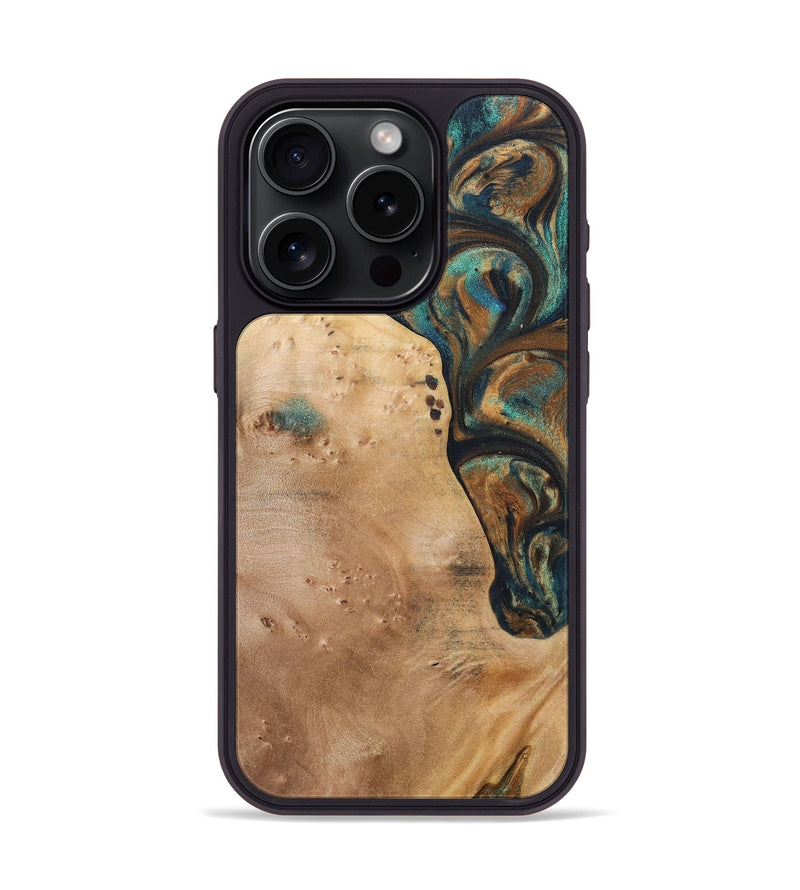 iPhone 15 Pro Wood+Resin Phone Case - Theodore (Teal & Gold, 700196)
