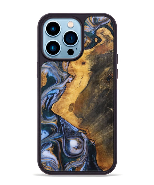 iPhone 14 Pro Max Wood+Resin Phone Case - Dawson (Teal & Gold, 700197)