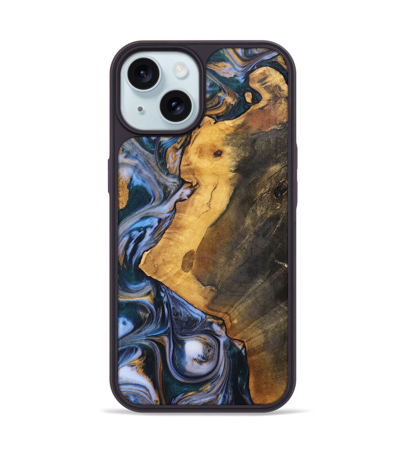 iPhone 15 Wood+Resin Phone Case - Dawson (Teal & Gold, 700197)