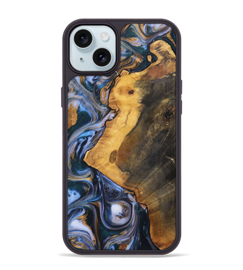 iPhone 15 Plus Wood+Resin Phone Case - Dawson (Teal & Gold, 700197)