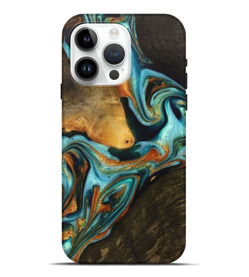 iPhone 15 Pro Max Wood+Resin Live Edge Phone Case - Bennett (Teal & Gold, 700224)