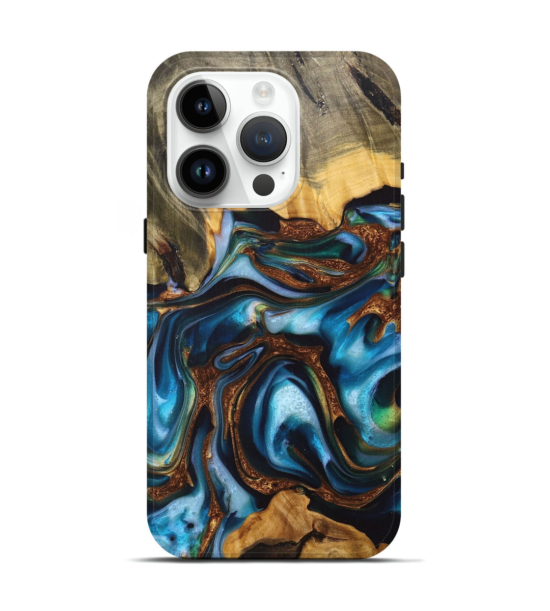 iPhone 15 Pro Wood+Resin Live Edge Phone Case - Clarence (Teal & Gold, 700228)