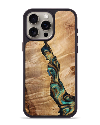 iPhone 15 Pro Max Wood+Resin Phone Case - Robert (Teal & Gold, 700377)