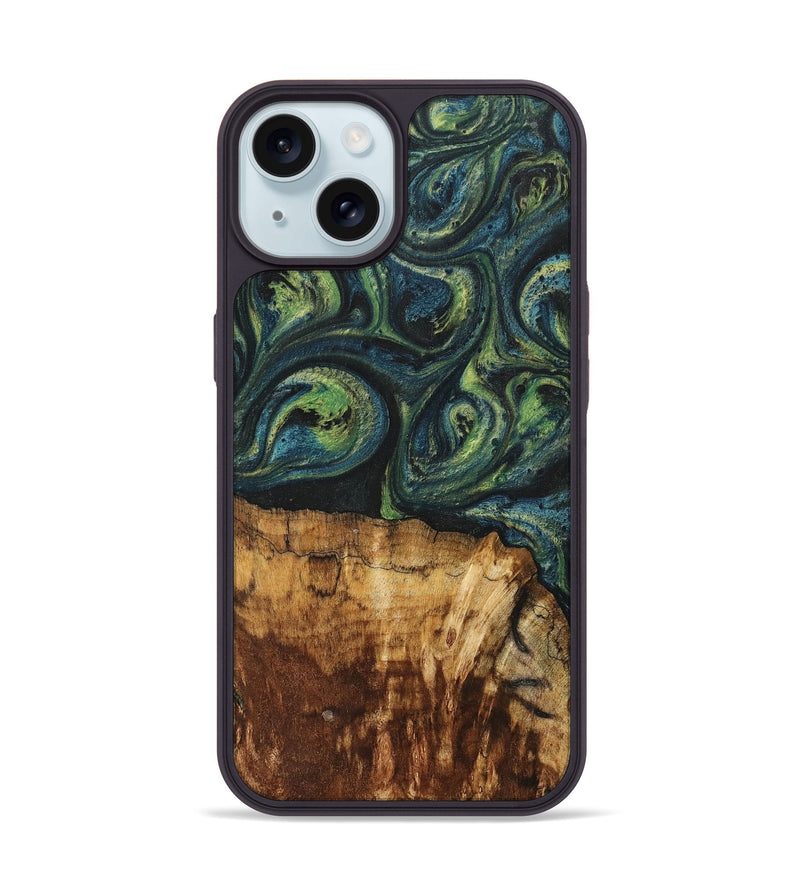 iPhone 15 Wood+Resin Phone Case - Cassie (Green, 700401)