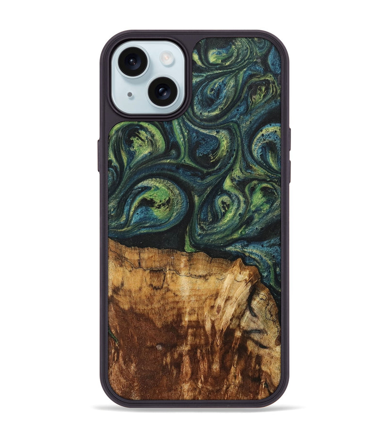 iPhone 15 Plus Wood+Resin Phone Case - Cassie (Green, 700401)