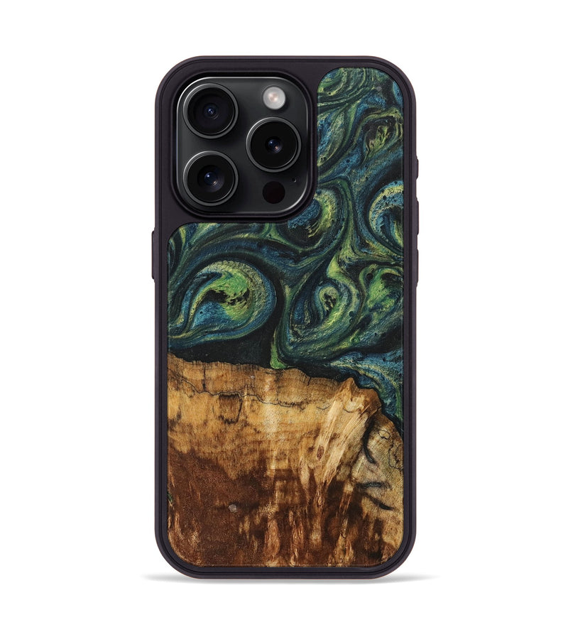 iPhone 15 Pro Wood+Resin Phone Case - Cassie (Green, 700401)